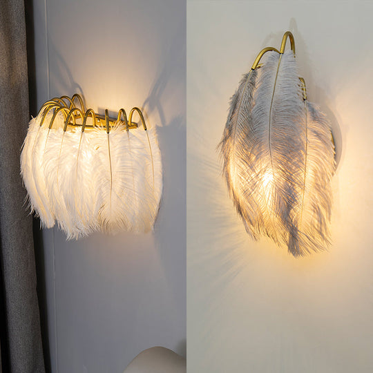 Modern Metal Wall Sconce With Feather Shade - Bedroom Lighting (2 Lights)