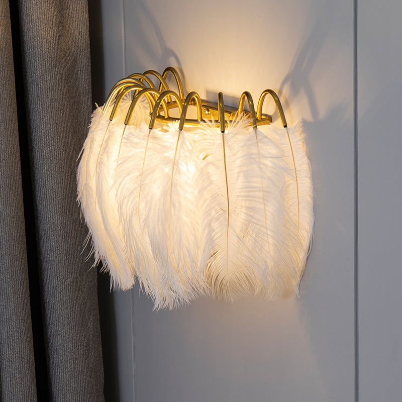 Modern Metal Wall Sconce With Feather Shade - Bedroom Lighting (2 Lights)