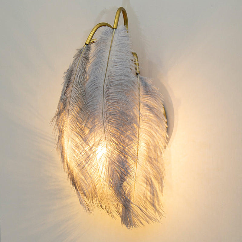 Modern Metal Wall Sconce With Feather Shade - Bedroom Lighting (2 Lights) 220V-240V / Gris Hoja
