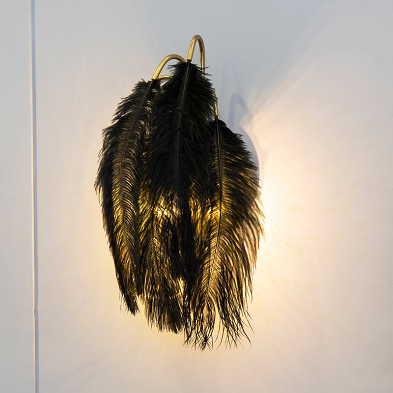 Modern Metal Wall Sconce With Feather Shade - Bedroom Lighting (2 Lights) 220V-240V / Negro Hoja