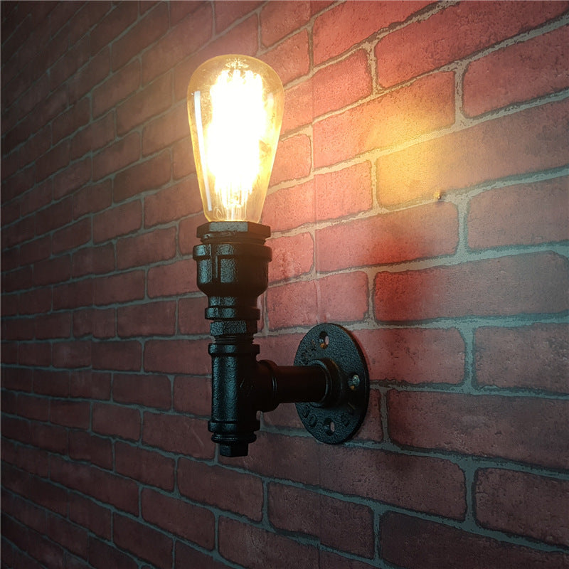 Industrial Pipe Socket Wall Light - Single Metal Sconce For Corridor Black / Straight