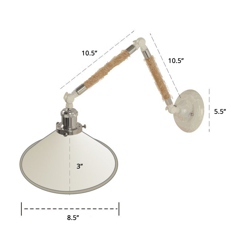 Nordic Metal Wall Sconce - White Conical Task Light With Swivelable Roped Arm