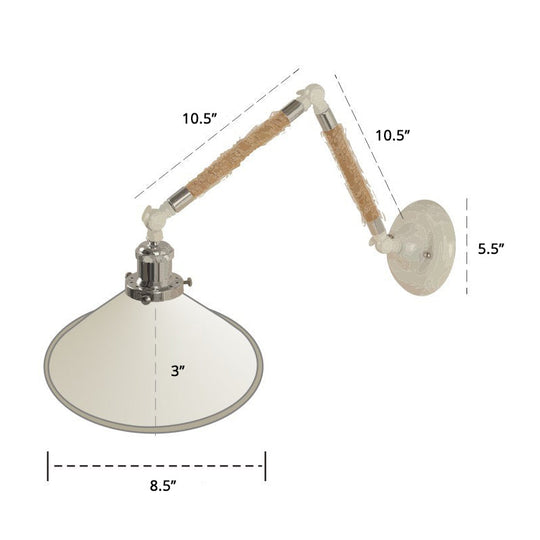 Nordic Metal Wall Sconce - White Conical Task Light With Swivelable Roped Arm