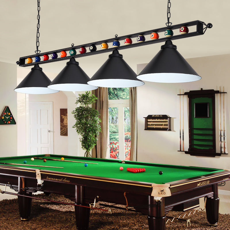 Industrial Conical Metal Billiard Lamp With Country Club Island Light & Rolled Edge 4 / Black Frame