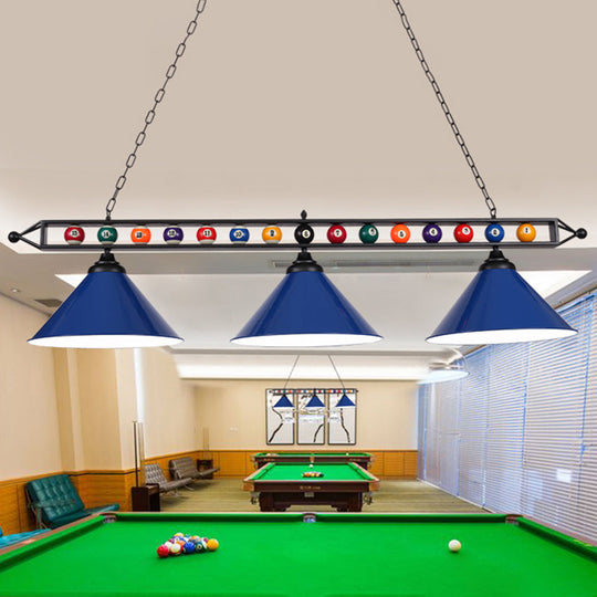 Industrial Conical Metal Billiard Lamp With Country Club Island Light & Rolled Edge 3 / Blue Frame