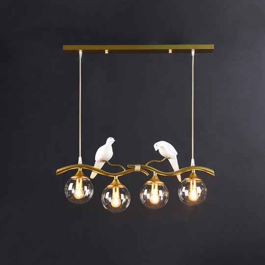 Sleek Postmodern Glass Pendant Light With Twig And Bird Deco - 4-Bulb Ceiling Hanging Fixture Gold /