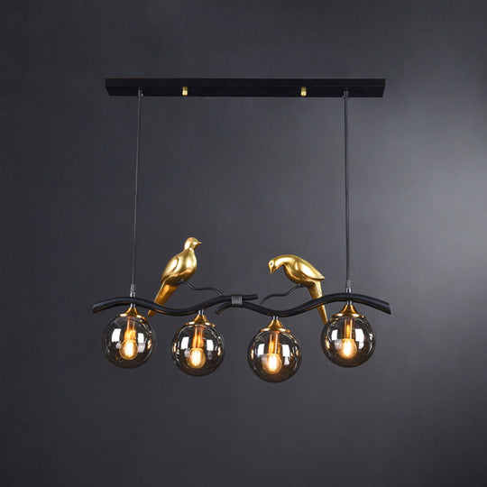 Sleek Postmodern Glass Pendant Light With Twig And Bird Deco - 4-Bulb Ceiling Hanging Fixture Black