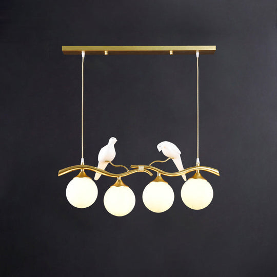 Sleek Postmodern Glass Pendant Light With Twig And Bird Deco - 4-Bulb Ceiling Hanging Fixture Gold /