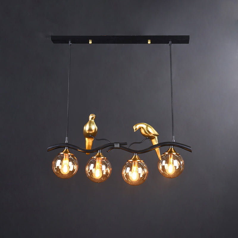 Sleek Postmodern Glass Pendant Light With Twig And Bird Deco - 4-Bulb Ceiling Hanging Fixture Black
