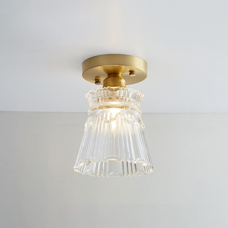 Nautical Brass Glass Flush Ceiling Light With 1 Bulb - Small Size For Corridors / Flared