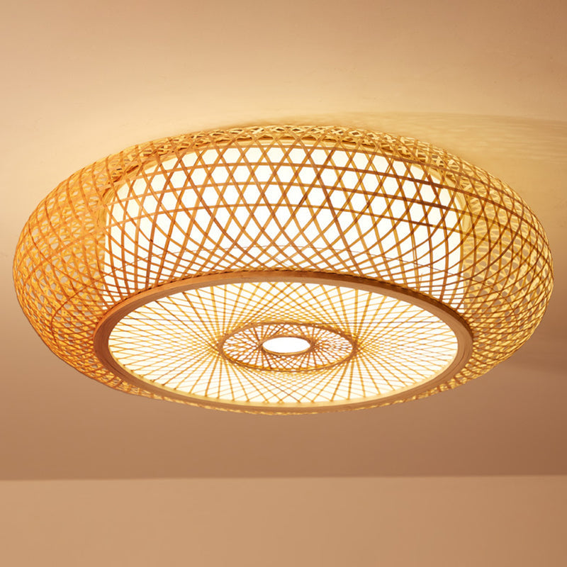 Bamboo Criss-Cross Ceiling Lamp: Asian Wood Flush Mount Light For Bedroom