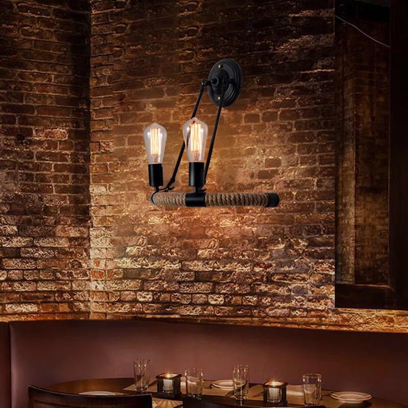 Industrial Black Hemp Rope Wall Sconce Lamp For Restaurants - 2-Head Arc Lighting Fixture