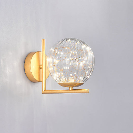 Designer Style Glass Led Wall Sconce - Mini Globe Light Fixture For Bedroom Gold / Ribbed