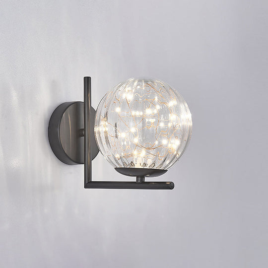 Designer Style Glass Led Wall Sconce - Mini Globe Light Fixture For Bedroom Black / Ribbed