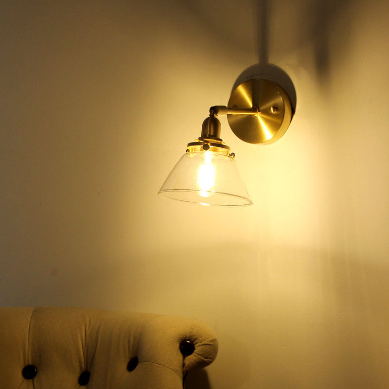 Brass Rotating Wall Sconce: Minimalist Tapered Glass Design For Living Room