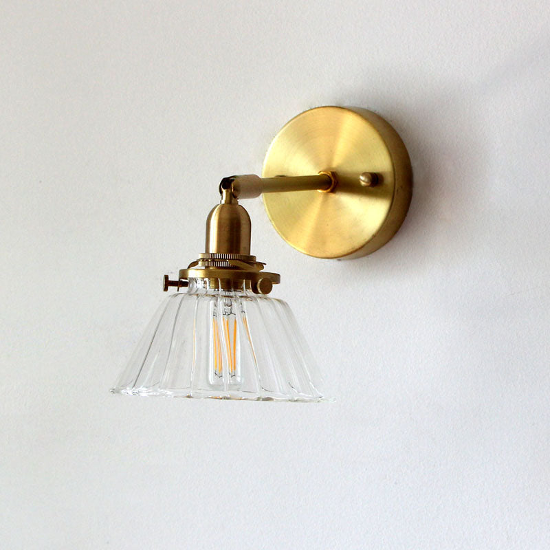 Brass Rotating Wall Sconce: Minimalist Tapered Glass Design For Living Room / Ribbed