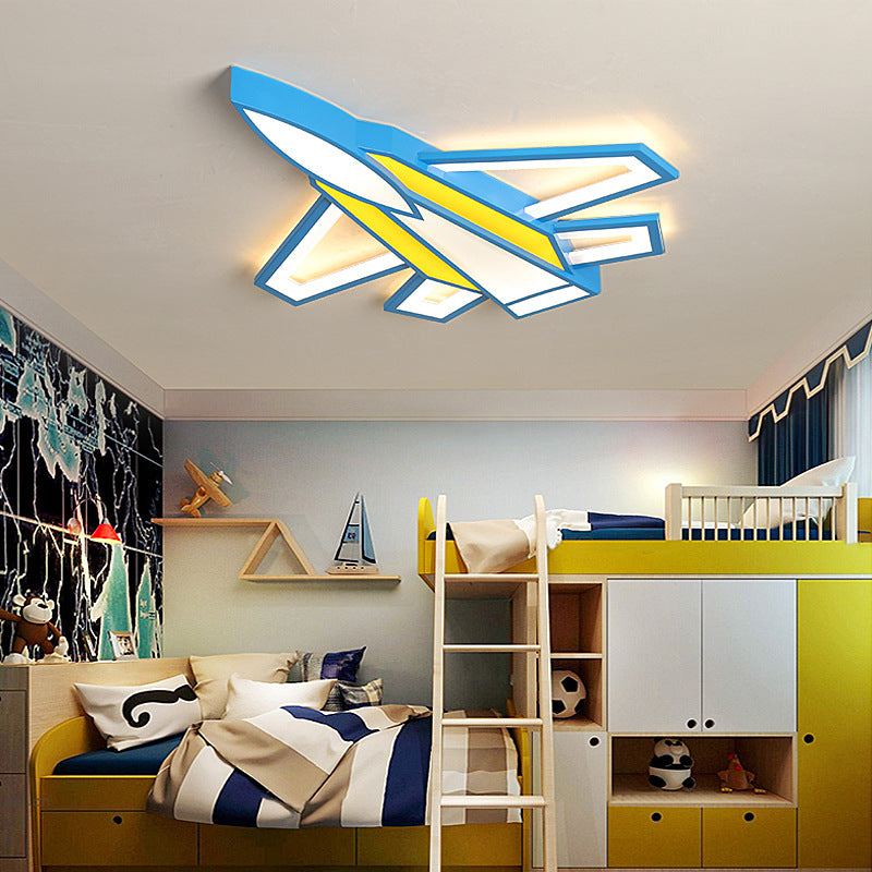 Childrens Blue And Yellow Led Jet Plane Acrylic Ceiling Flush Mount Light For Bedroom