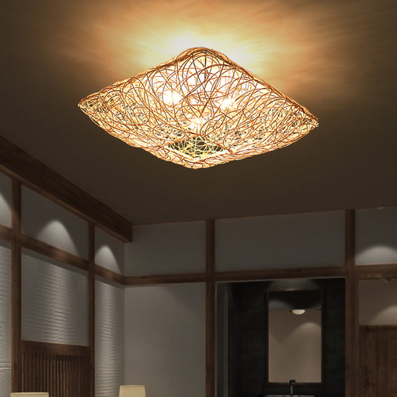 Minimalist 3-Light Rattan & Wood Ceiling Flush Mount For Bedroom