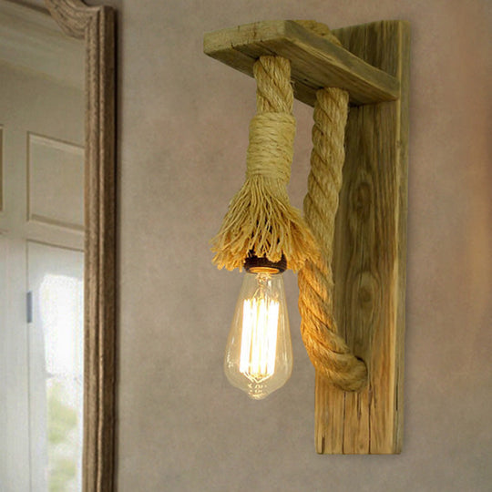 Rustic Single-Bulb Wall Lamp With Open Bulb And Roped Sconce - Wood Bracket Fixture