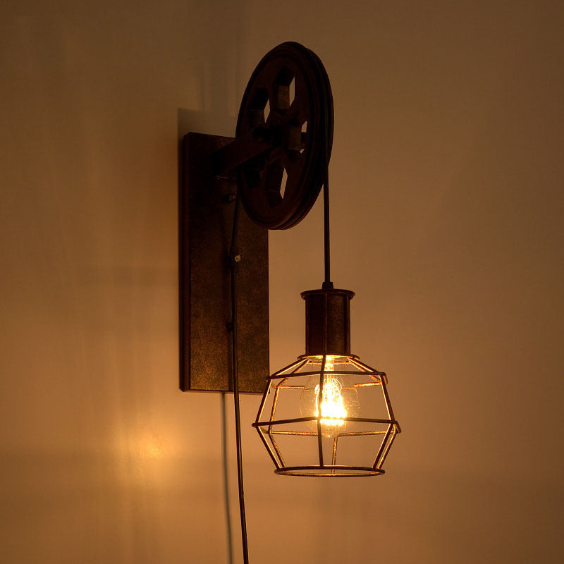 Spherical Wire Cage Wall Light Rustic Iron Bedroom Lamp With Pulley 1-Light Foyer & Mount Black