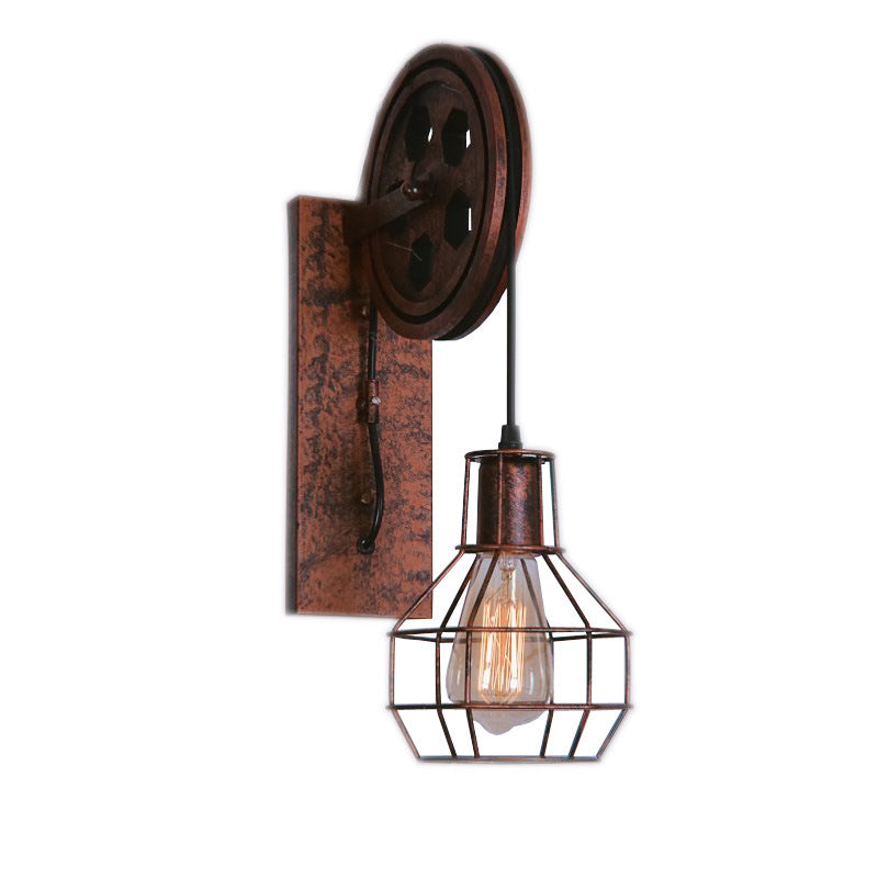 Spherical Wire Cage Wall Light Rustic Iron Bedroom Lamp With Pulley 1-Light Foyer & Mount Rust