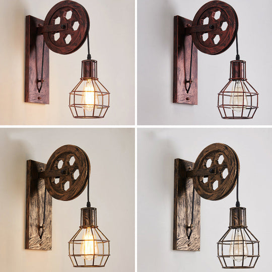 Spherical Wire Cage Wall Light Rustic Iron Bedroom Lamp With Pulley 1-Light Foyer & Mount