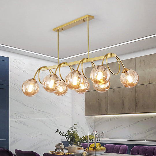 Sleek Gold Spiral Island Light - Post-Modern Metal Ceiling Hang Lamp With Ball Glass Shade 8 / Amber