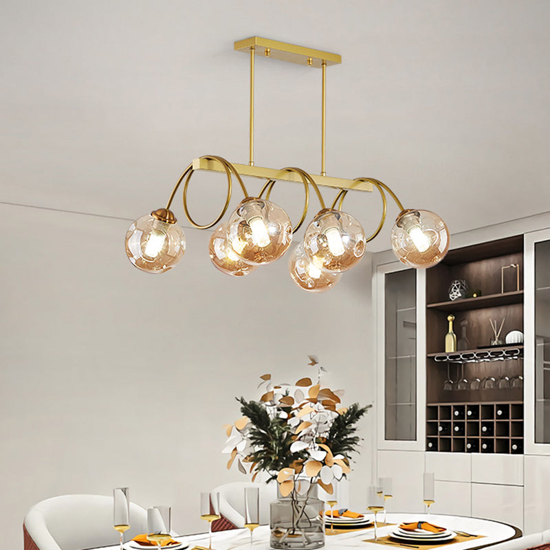Sleek Gold Spiral Island Light - Post-Modern Metal Ceiling Hang Lamp With Ball Glass Shade 6 / Amber