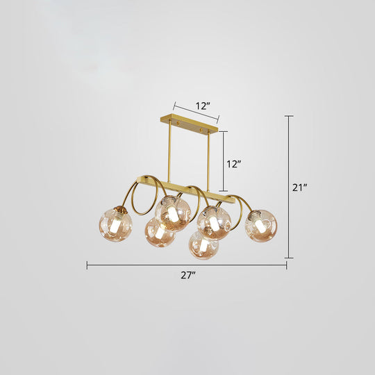 Sleek Gold Spiral Island Light - Post-Modern Metal Ceiling Hang Lamp With Ball Glass Shade