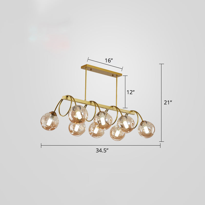 Sleek Gold Spiral Island Light - Post-Modern Metal Ceiling Hang Lamp With Ball Glass Shade