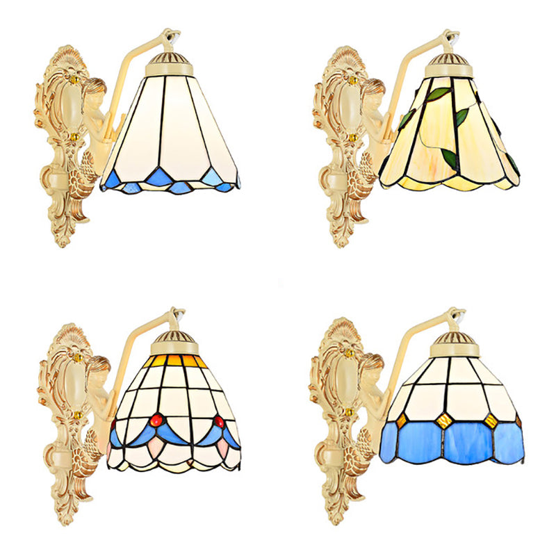 Baroque Dome/Cone Beige Glass Wall Sconce - Elegant Leaf/Gem/Flower Pattern 1-Light Mount Light