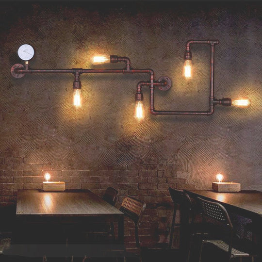 Industrial Water Pipe Wall Sconce With Pressure Gauge For Restaurants - 5-Head Metal Light Bronze