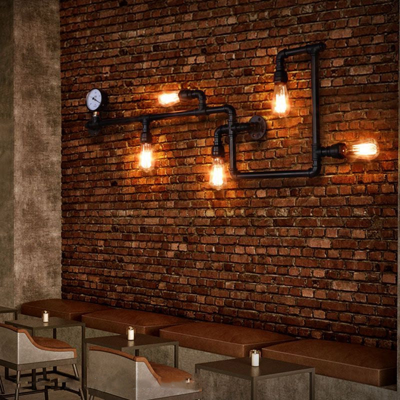 Industrial Water Pipe Wall Sconce With Pressure Gauge For Restaurants - 5-Head Metal Light
