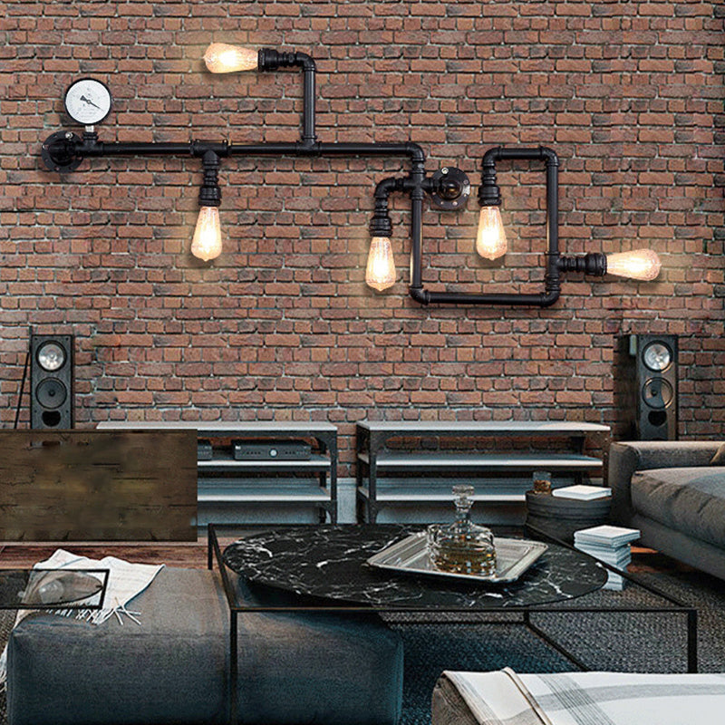 Industrial Water Pipe Wall Sconce With Pressure Gauge For Restaurants - 5-Head Metal Light Black