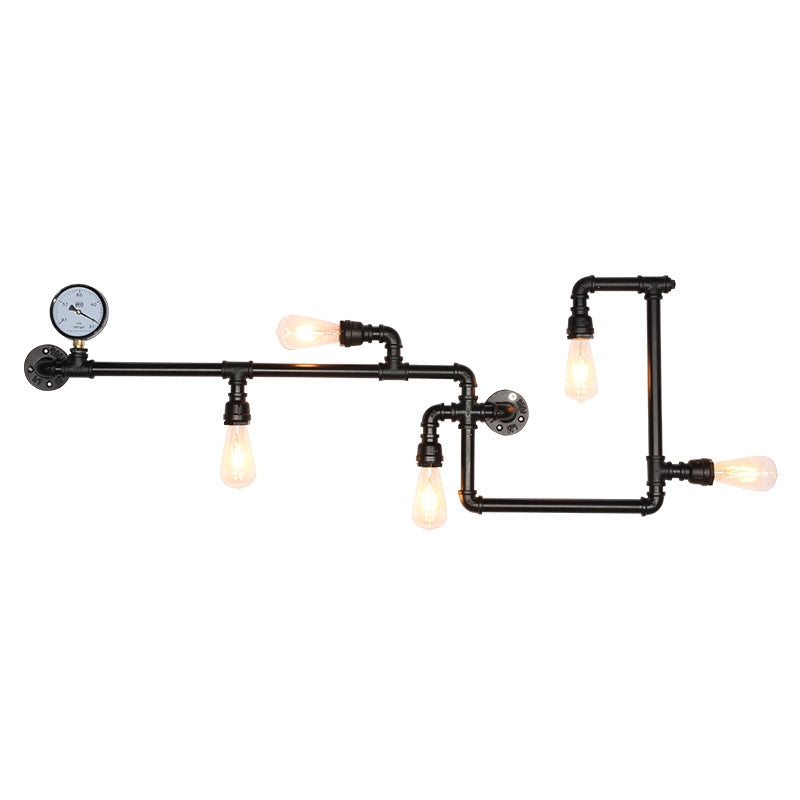 Industrial Water Pipe Wall Sconce With Pressure Gauge For Restaurants - 5-Head Metal Light