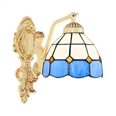 Baroque Dome/Cone Beige Glass Wall Sconce - Elegant Leaf/Gem/Flower Pattern 1-Light Mount Light