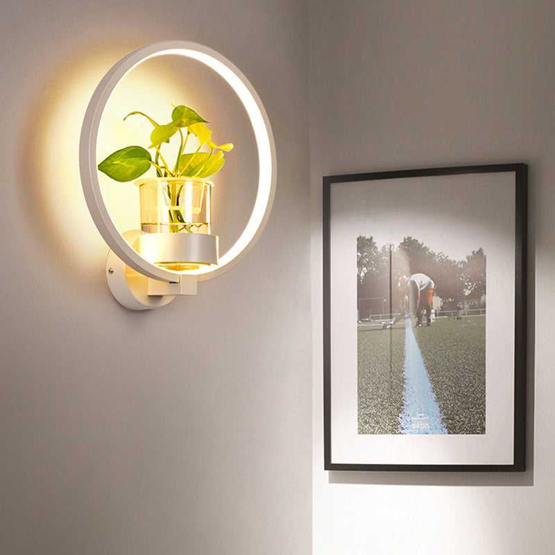 Halo Led Wall Sconce With Hydroponic Glass Pot - Decorative Metal Bedroom Light Fixture