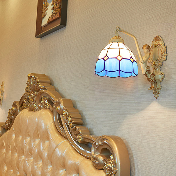 Baroque Dome/Cone Beige Glass Wall Sconce - Elegant Leaf/Gem/Flower Pattern 1-Light Mount Light /