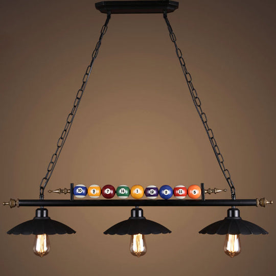 Black Industrial Metal Linear Island Light With 3-Light Suspension Shade And Billiard Balls