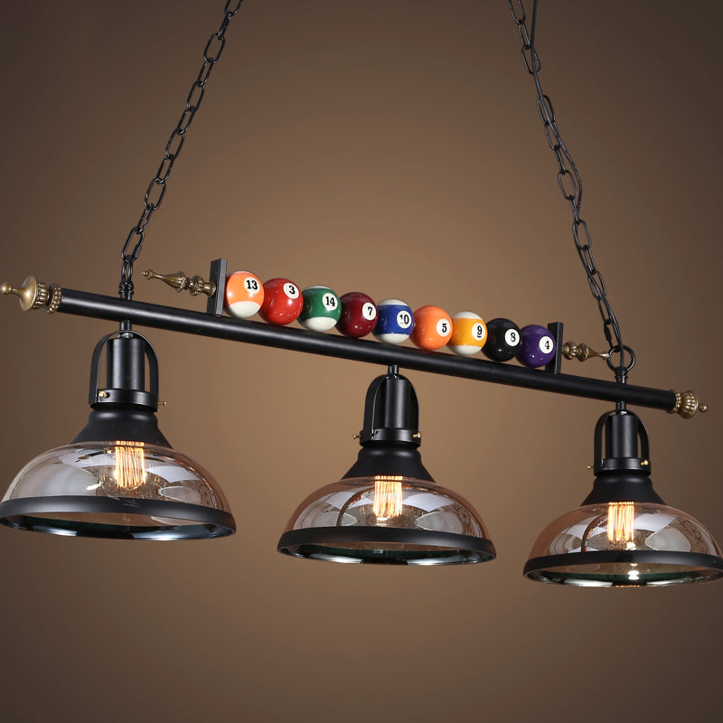 Black Industrial Metal Linear Island Light With 3-Light Suspension Shade And Billiard Balls