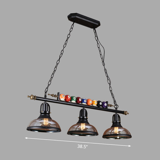 Black Industrial Metal Linear Island Light With 3-Light Suspension Shade And Billiard Balls