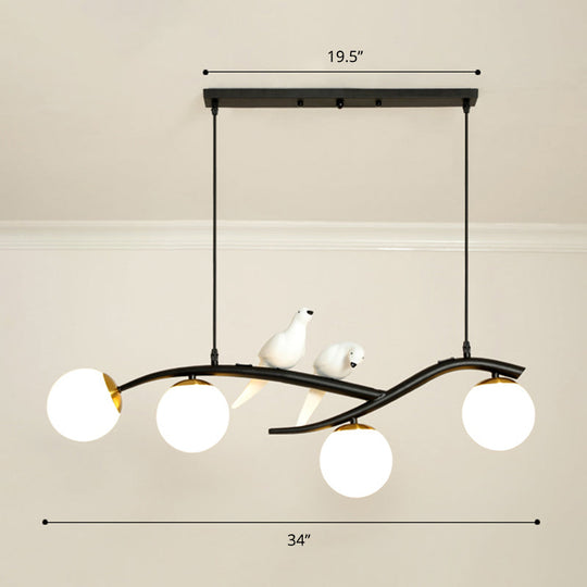 Postmodern Island Lamp Tree Branch Hanging Light With Glass Shades And Bird Deco 4-Bulb Design