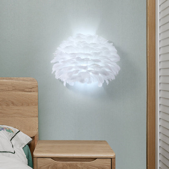 Nordic Feather Flush Mount Wall Sconce For Bedroom - White Half-Globe Up-Down Light
