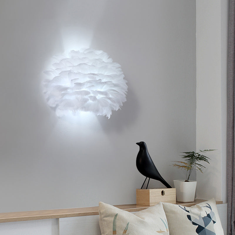 Nordic Feather Flush Mount Wall Sconce For Bedroom - White Half-Globe Up-Down Light
