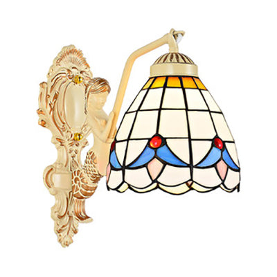 Baroque Dome/Cone Beige Glass Wall Sconce - Elegant Leaf/Gem/Flower Pattern 1-Light Mount Light