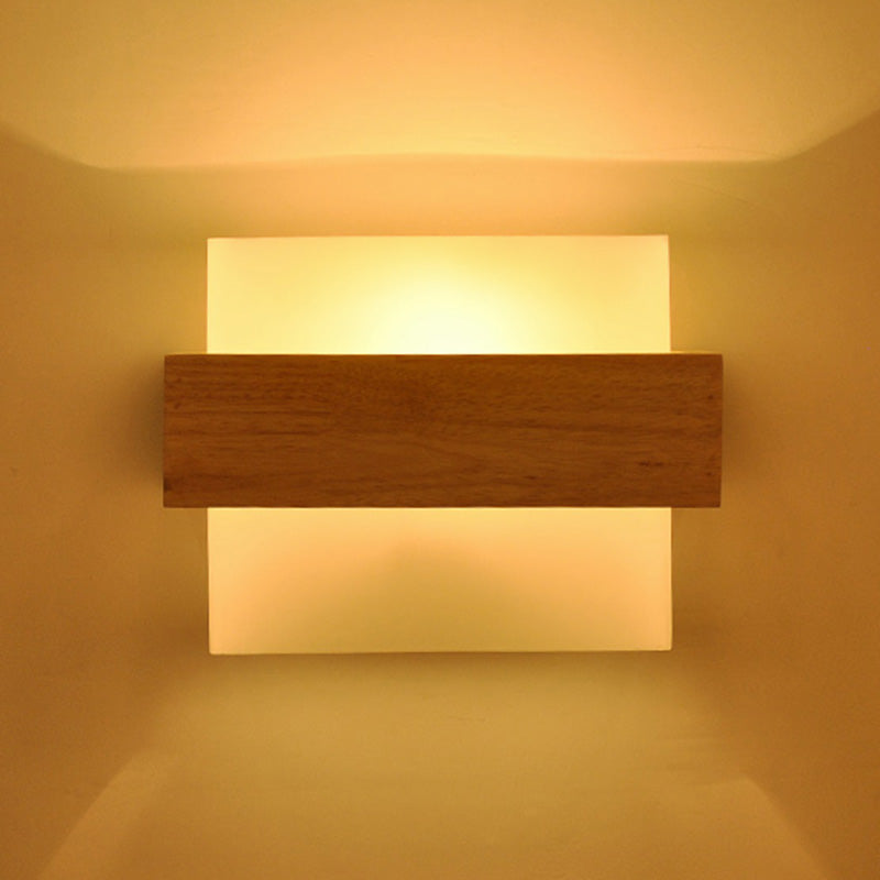 Simple Style White Glass 1-Light Sconce With Wood Brace For Square Corridor Wall Lighting