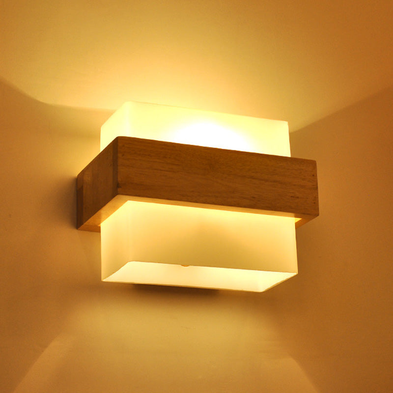 Simple Style White Glass 1-Light Sconce With Wood Brace For Square Corridor Wall Lighting