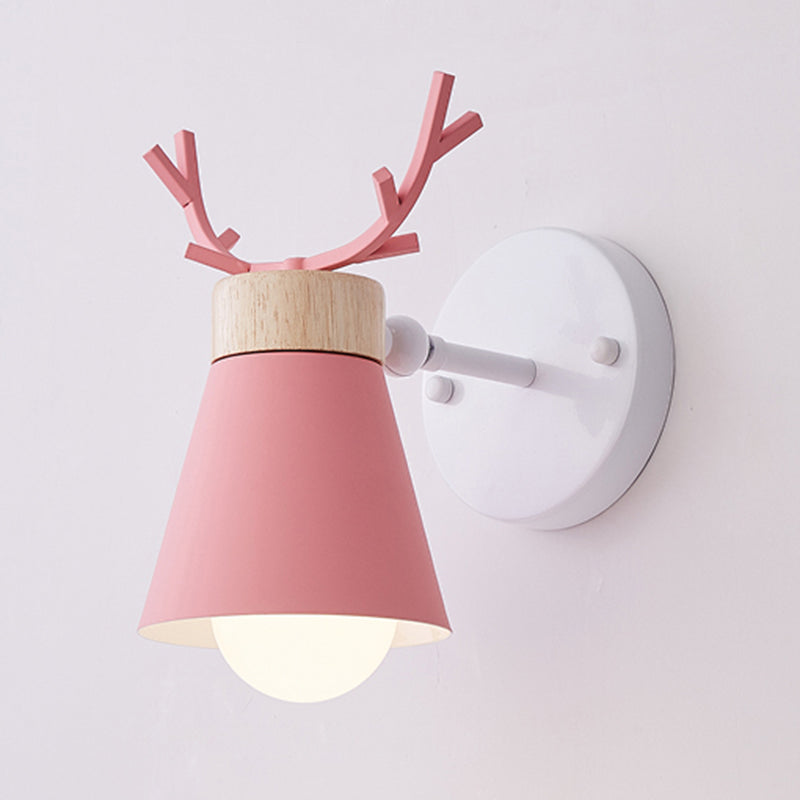 Nordic Metal Rotating Cone Shade Sconce Lighting With Antler Deco - 1-Light Kids Room Reading Light