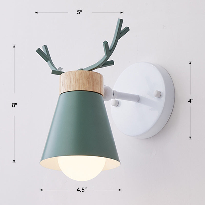 Nordic Metal Rotating Cone Shade Sconce Lighting With Antler Deco - 1-Light Kids Room Reading Light