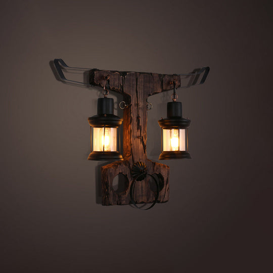 Nautical Wooden Wall Lamp - Geometric Lighting Fixture For Living Room Distressed Wood / Cow